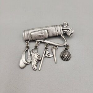 JJ Jonette Jewelry Golf Themed Brooch Dangling Charms Pewter
